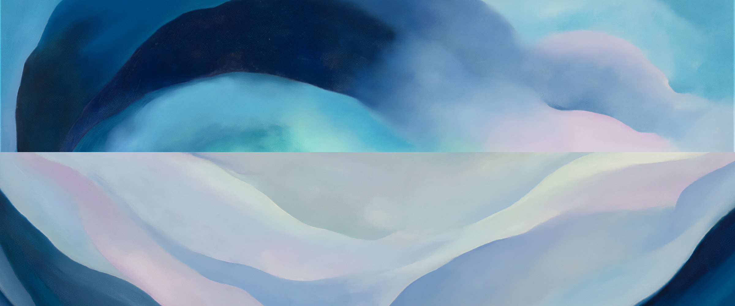 Composition abstraite en bleu profond, turquoise et touches roses — paysage intérieur évoquant le travail psychothérapeutique.